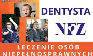 Stomatologia dla niepełnosprawnych NFZ. Uśmiechnięci pacjenci, w tym dziecko i młodzież na wózku, cieszą się opieką dentystyczną.