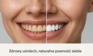 Przed i po wybielaniu zębów w gabinecie. Uśmiech nabrał blasku, a zęby stały się bielsze.
