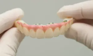 Dłonie w rękawiczkach trzymają protezę zębową na implantach. Dofinansowanie do protezy zębowej może pomóc w odzyskaniu pięknego uśmiechu.
