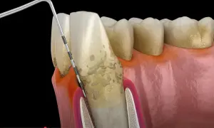 Narzędzie dentystyczne bada głęboką dziurę w zębie, odsłaniając kamień nazębny i stan zapalny dziąseł.
