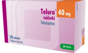 Opakowanie leku Tolura 40 mg z telmisartanem, zawierające 28 tabletek.
