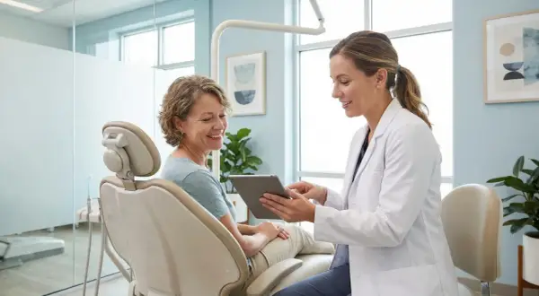 Dentystka w białym fartuchu pokazuje coś na tablecie pacjentce siedzącej na fotelu dentystycznym.