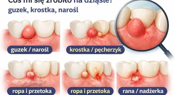 Ilustracje pokazują różne zmiany na dziąśle: guzek, krostkę, ropień i ranę. Bąbel na dziąśle u dziecka może być niepokojący.
