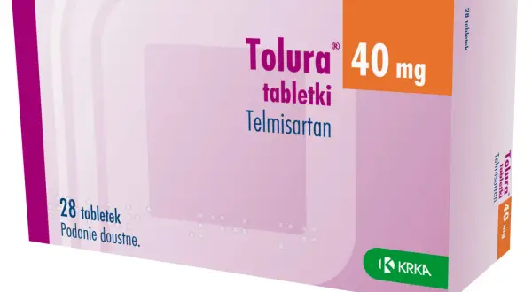 Opakowanie leku Tolura 40 mg z telmisartanem, zawierające 28 tabletek.