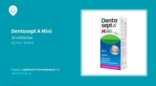 Dentosept A Mini spray na afty i bolesne ząbkowanie, 30 ml. Od jakiego wieku można stosować? Sprawdź na GdziePoLek.pl.