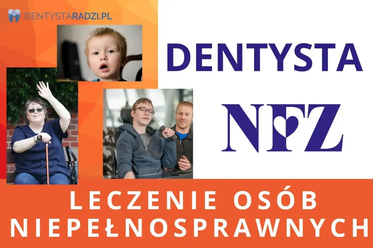Stomatologia dla niepełnosprawnych NFZ. Uśmiechnięci pacjenci, w tym dziecko i młodzież na wózku, cieszą się opieką dentystyczną.