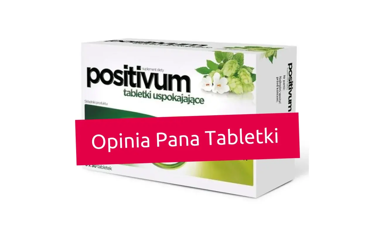 Opakowanie tabletek uspokajających "positivum" z chmielem i napisem "Opinia Pana Tabletki".