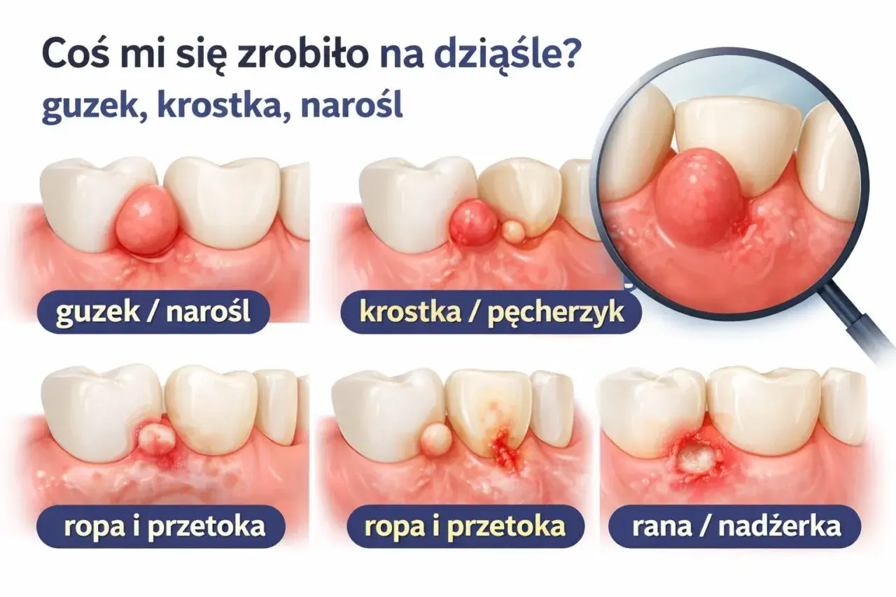 Ilustracje pokazują różne zmiany na dziąśle: guzek, krostkę, ropień i ranę. Bąbel na dziąśle u dziecka może być niepokojący.