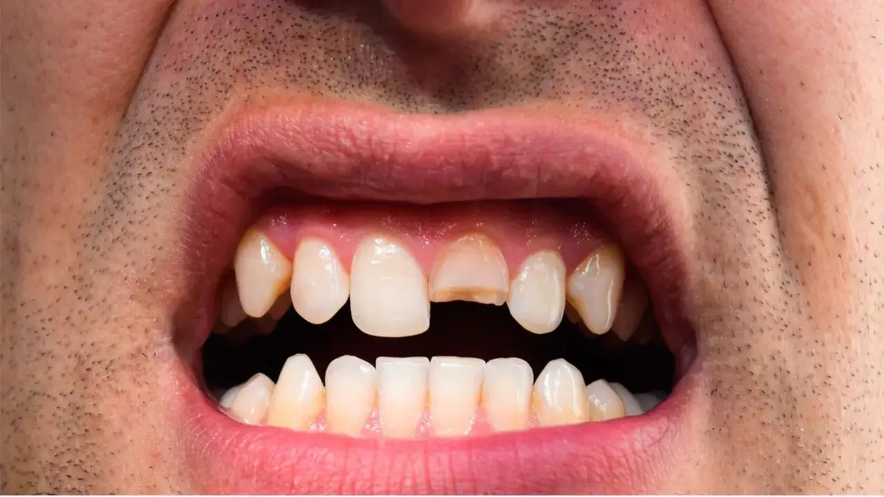 Zepsuty korzeń zęba w dziąśle, widoczny ubytek w przednim zębie, wymaga pilnej interwencji dentystycznej.