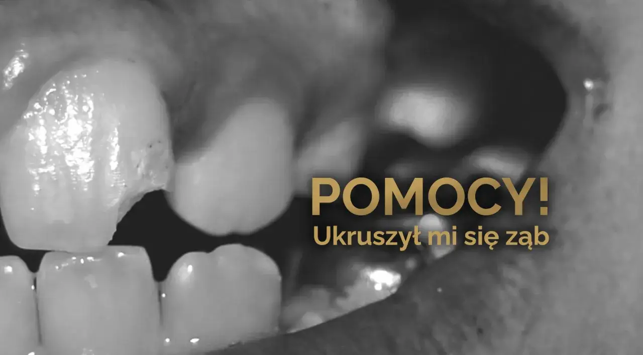 Ukruszony ząb przy dziąśle, widoczny z bliska. Tekst: 
