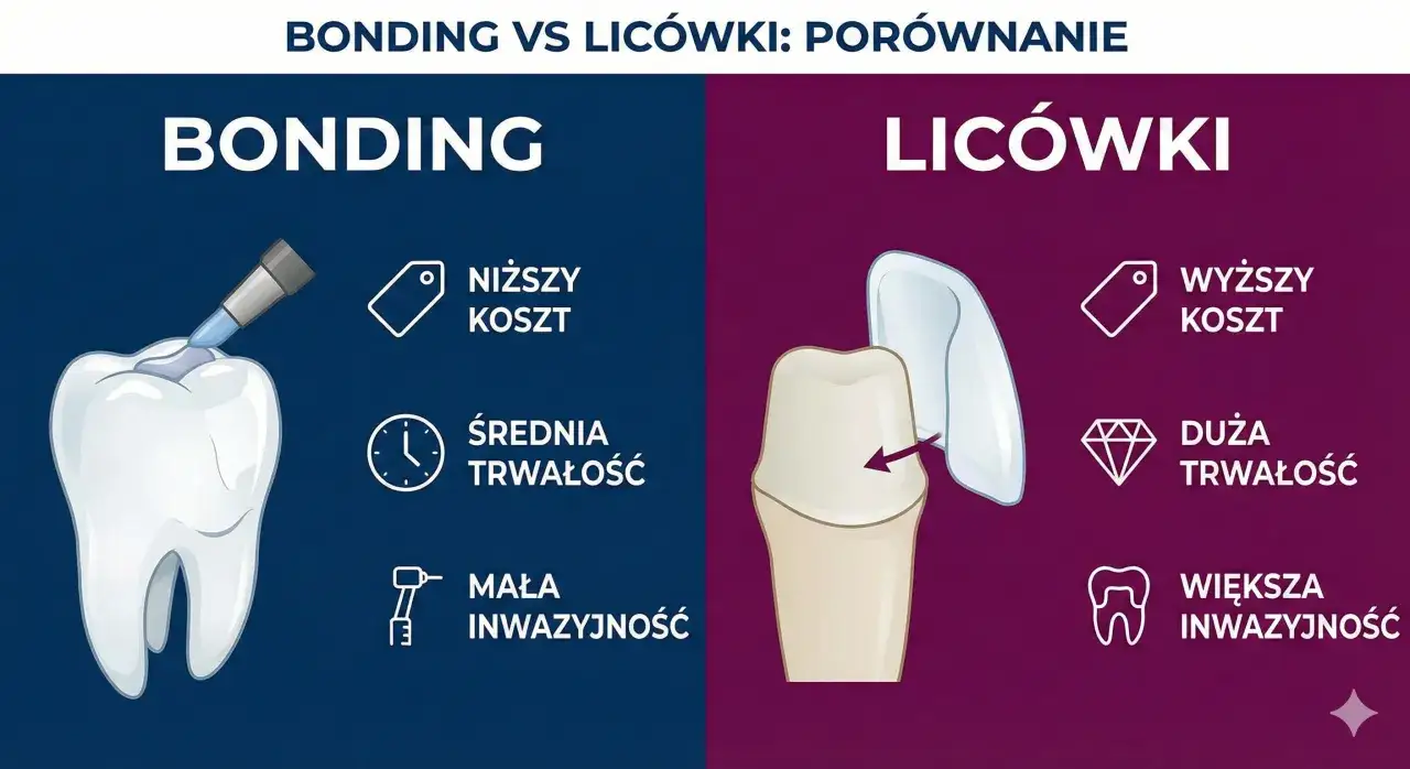 Porównanie metod poprawy uśmiechu: bonding (niższy koszt, mała inwazyjność) vs. licówki (wyższy koszt, większa inwazyjność). Jak wyprostować zęby bez aparatu?